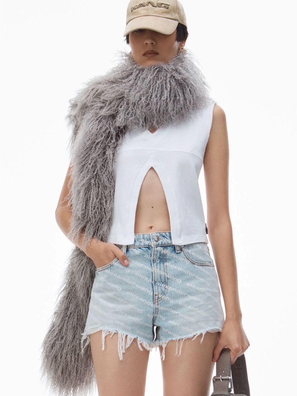 Alexander Wang Light Blue All-Over Logo Denim Cutoff Shorts - Picture 6 of 8